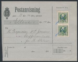 1907. Fr. VIII, 5 øre, grøn. Parstykke på postanvisning sendt med landposten til Steffensminde pr. Nr. Alslev