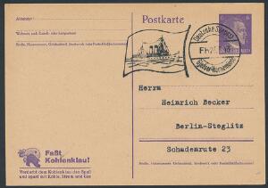 GJEDSER-WARNEMÜNDE 26.5.43. Skibsstempel på tysk helsagskort, sendt til Berlin