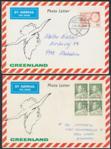 Photo Letter. 2 stk. annulleret med skibsstempler MS DISKO 2.7.1972 og MS KUNUNGUAK, 27.11.75