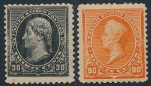 USA. 1890. 30 C. Jefferson, sort lille tyndhed og 90 c. Oliver, orange kort tak i nord. 2 ubrugte topværdier. Michel EURO 900
