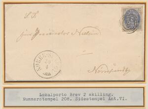 1870. 2 sk. gråblå. Lokaltbrev fra NØRRE-SUNDBY 30.4, annulleret med nr.stempel 208.