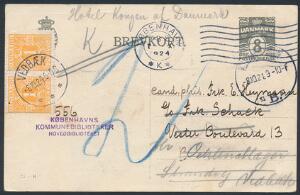 1924. 1 øre, Porto, orange. Parstykke på underfrankeret brevkort med 8 øre, Bølgelinie, grå.