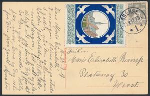 1905. Bølgelinie. 3 øre, grå. På brevkort med stor smuk mærkat, stemplet i ODENSE 25.9.17. Sjældent brug af mærkat.