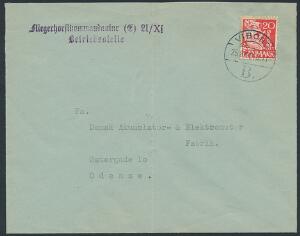 1941. Fliegerhorstkommandantur 21XI, brev med 20 øre, Karavel, rød, sendt fra VIBORG 25.8.41, til Odense.