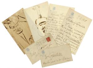 Two orig. drawings by Caruso. Ink on paper and card board. One dated and signed. Enclosed 2 autograph letters.