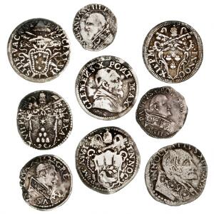 Vatikanet, lille lot på 9 sølvmønter, 17. århundrede alle fra forskellige paver