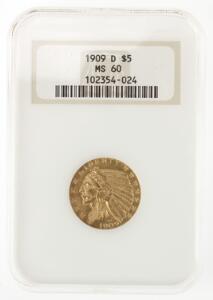 USA, 5 dollars 1909 D, KM 129, F 151, graded MS60 by NGCO indkapslet i plast