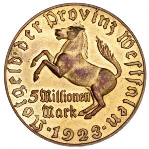 Tyskland, Westfalen, 5 Millionen Mark 1923 von Stein, forgyldt, særdeles pænt eksemplar
