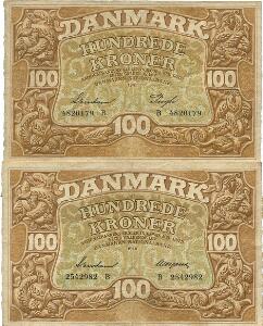 100 kr 1940 B, Svendsen  Neergaard, 1941 B, Svendsen  Pugh, Sieg 111, DOP 126, Pick 33, i alt 2 stk.