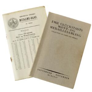 Auktionskatalog over Etatsraad Emil Glückstadts Mønt og Medaillesamling, København 1924, uindbundet, 285 sider samt prisliste