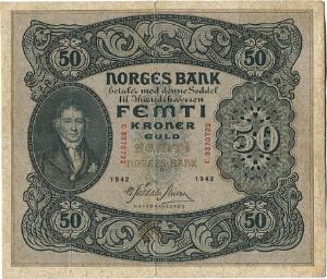 Norge, 50 kr 1942 C, NS 32C, Pick 9, lille rustplet på bagsiden