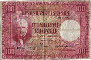 Island, 100 kr u. år 1935 B, Nr. 084502, Jon Arnason  Petur Magnusson, Sieg 39