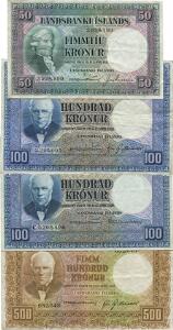 Island, 50 kr u. år 1948, 100 kr u. år 1948, 100 kr u. år 1948 C, 500 kr u. år 1948, Sieg 38, 40, 42, i alt 4 stk.