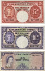 Bahamas, 5 shillings 1957, Pick 37b, kval. 01, 10 shillings 1955, Pick 39, kval. 1, 10 shillings 1960, Pick 51Bc, kval. 1, i alt 3 stk.