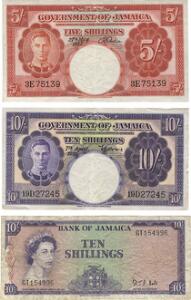 Bahamas, 5 shillings 1957, Pick 37b, kval. 01, 10 shillings 1955, Pick 39, kval. 1, 10 shillings 1960, Pick 51Bc, kval. 1, i alt 3 stk.