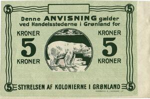 Grønland, Styrelsen af Kolonierne i Grønland, 5 kr u.år 1913, Sieg 62, blanket uden nummer og underskrifter samt overskud af papir i højre side