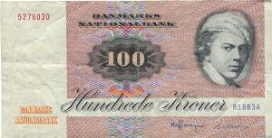 100 kr 1986 R1y, Hoffmeyer  Billestrup, Sieg 142, testseddel med animalsk lim