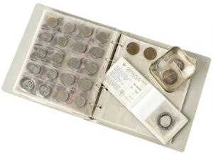 Samling af danske mønter, bl.a. erindringsmønter 1888-1972 komplet, 1 kr 1892, H 14A, mindedukater 2, Au, 7 g 9001000, ca. DKK 230,- i nominel værdi m.m.