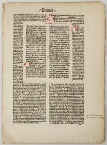 15th century book leaves Two incunabula leaves with rubricated initials. C. 1450-1500. Loose leaves.