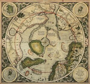 Gerard Mercator Sep Tentrio nalium Terrarum de Scriptio Kort over Nordpolen. Koloreret kobberstik, 1628. 37 x 40.