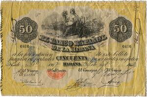 Cuba, Spanish Administration, 50 Pesos 1869 1869-udgave, Pick 14, ældre forfalskning, ex. Flensborg