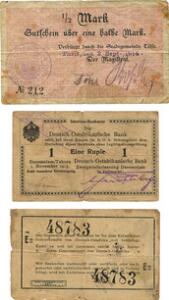 Tysk Østafrika, 1 Rupie 1915 Deutsch-Ostafrikansiche Bank Daressalam  Tabora, 2 stk. og Tilsit, 12 Mark Gutschen 1914, i alt 3 stk.