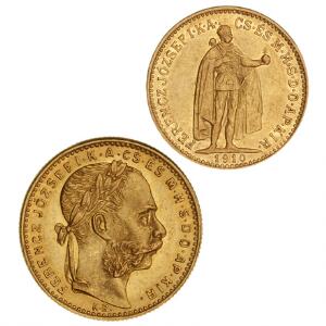 Ungarn, Franz Joseph, 8 florin  20 francs 1888, F 243 10 korona 1910, F 252