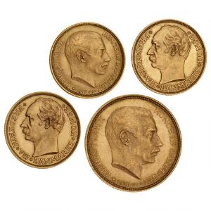 10 kr 1908 2 stk., 20 kr 1913, 10 kr 1917, F 298 - 300, i alt 4 stk.