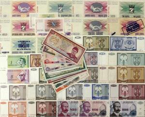 Bahrein, Bhutan, Bosnien-Herzegovina, lille lot forskellige sedler, efter ca. 1970, ca. 45 stk., flere bedre typer imellem