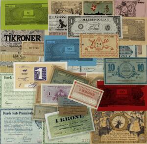 Lille lot reklamesedler, kopier af seddelforslag, præmieobligationer, værdimærker samt militære sedler efter 2. verdenskrig, i alt 36 stk.