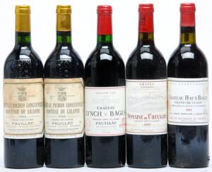 1 bt. Château Lynch Bages, Pauillac. 5. Cru Classé 1985 A hfin.  etc. Total 5 bts.