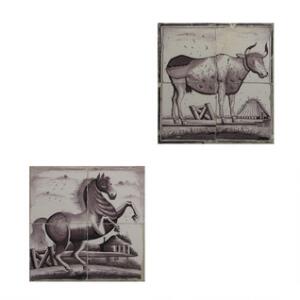 To hollandske firpas flisebilleder dekorerede i mangan med en ko og en hest i gråmalede og profilerede rammer. 18.-19. årh. H. 35. B. 35. 2