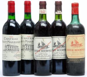 1 bt. Château Beychevelle, Saint - Julien. 4. Cru Classé 1961 Bottled in DK. BC us.  etc. Total 5 bts.