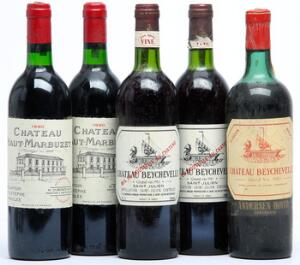 1 bt. Château Beychevelle, Saint - Julien. 4. Cru Classé 1961 Bottled in DK. BC us.  etc. Total 5 bts.