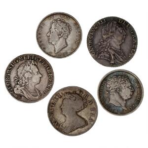 England, Anne, shilling 1705, S 3588 George I, shilling 1723, S 3647 George III, shilling 1787, 1816, S 3743, S 3790 George IV, shilling 1827, S 3812