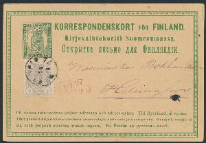 1875. Våben, 2 penni, olivengrå på 8 penni, helsagskort til Helsingfors. Facit 5000