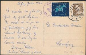 1967 på postkort annulleret med violet posthornstempel ASFERG pr. FAARUP