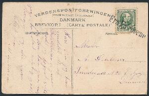 ca. 1905. Chr.IX, 5 øre, grøn på postkort til Esbjerg annulleret med liniestempel FRA FÆRÖERNE. Lodret fold