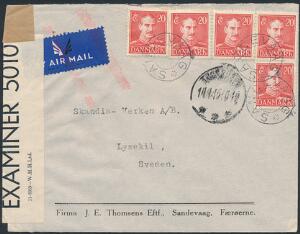 1945. 5 stk. 20 øre, Chr.X på smukt lille censurbrev fra SANDEVAAG, via Thorshavn til Sverige. Britisk luftpostetiket