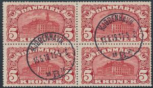 1915. 5 kr. Posthus, brunrød. Vm.IV. Smuk stemplet 4-BLOK. AFA 5200