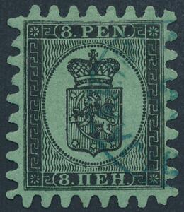 1866. 8 penni, sortgrøn. Pragteksemplar