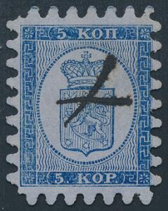 1860. 5 kop, blå. Roulette II. Pragteksemplar med blækannullering