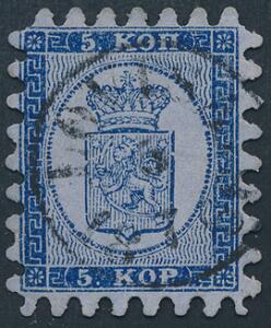 1860. 5 kop, blå. Roulette II. Pragteksemplar stemplet LOVISA