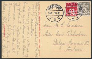 HAMMERSHUS 24.6.13. 2 smukke brotypestempler på brevkort med 2 og 3 øre, Bølgelinie, sendt til Aarhus.