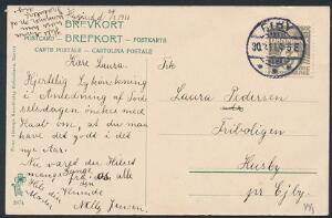 1905. Bølgelinie. 3 øre, grå. Variant LILLE T I POSTFRIMÆRKE. Smukt stemplet på postkort, sendt til Husby. AFA 1000