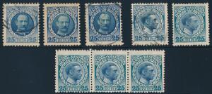 1907-1915. Fr.VIII og Chr.X, 25 Bit, blå. Variant SPALTET 2-TAL. 6 eksemplarer heraf et i postfrisk 3-stribe
