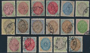 1873-1901. Planche forskellige Tofarvet mærker i pæn stemplet kvalitet, bl.a. med 12 cent og 5 forskellige typer af 10 cent incl. tk.12. AFA 7220
