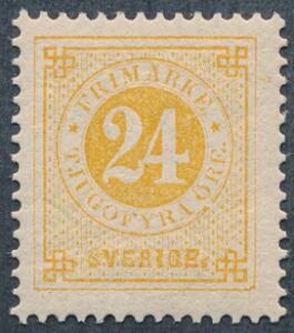 1877. Ringtype, 24 öre, orangegul, tk.13. Postfriskt mærke. Attest Nielsen