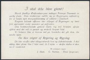 1945-46 ca. Kvittering for biddrag i postkort-format, for et mindested for Frikorps Danmark.