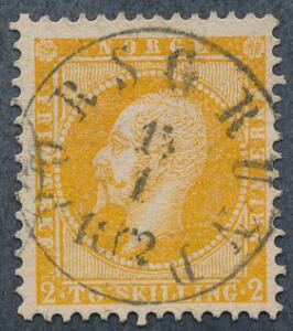 1856. Oscar, 2 sk. orange. Retvendt stempel PORSGRUND 13.1.1862